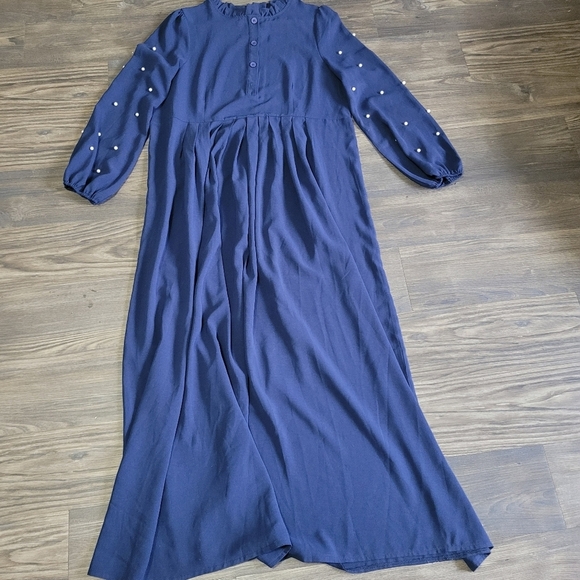 SHEIN Pearls beaded Ruffle Neck Belted Maxi Dress Size L Long  Flowy - Picture 3 of 4